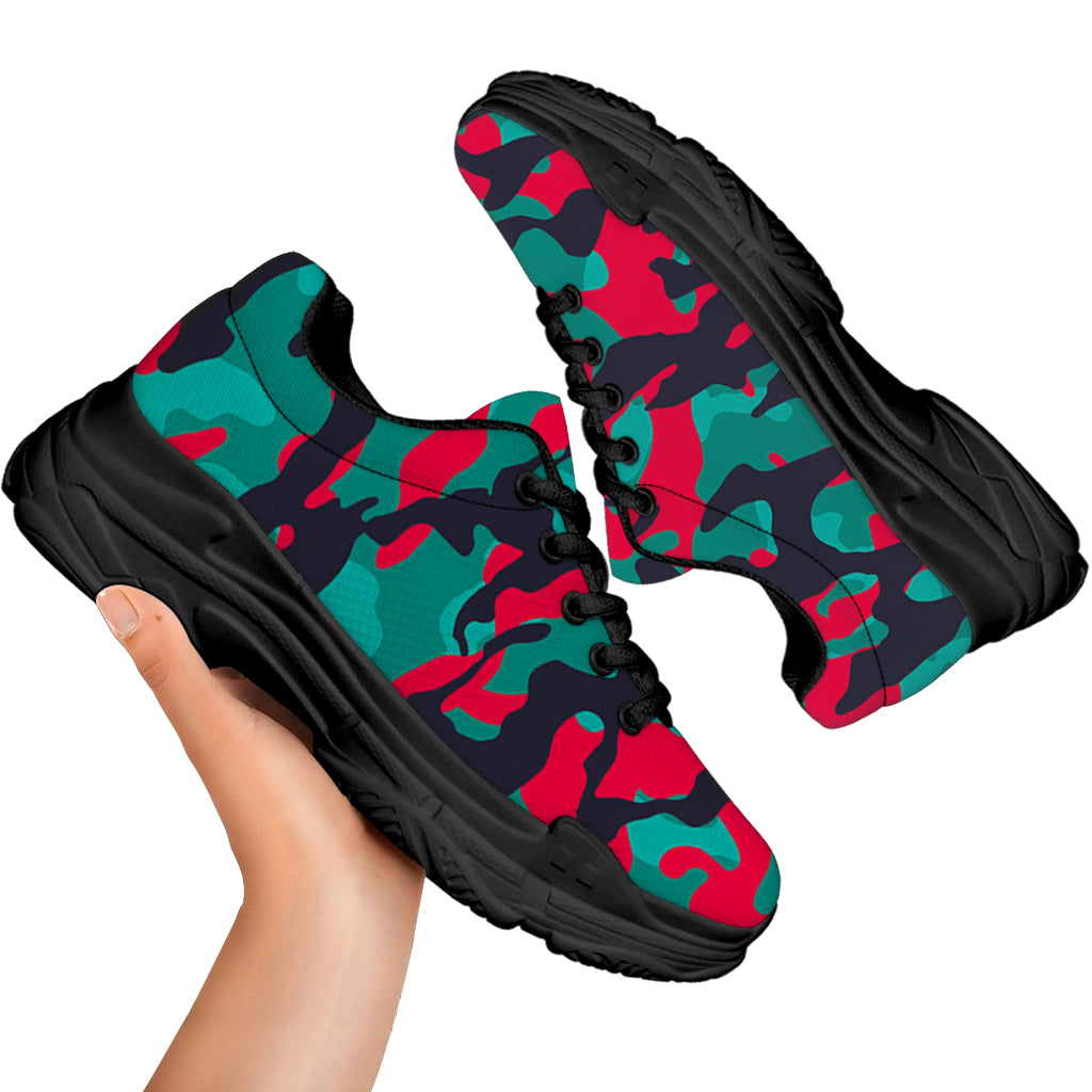 Pink Teal And Black Camouflage Print Black Chunky Shoes