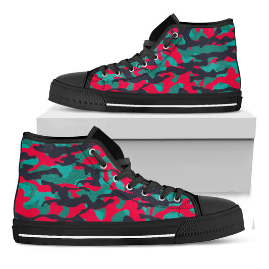 Pink Teal And Black Camouflage Print Black High Top Sneakers