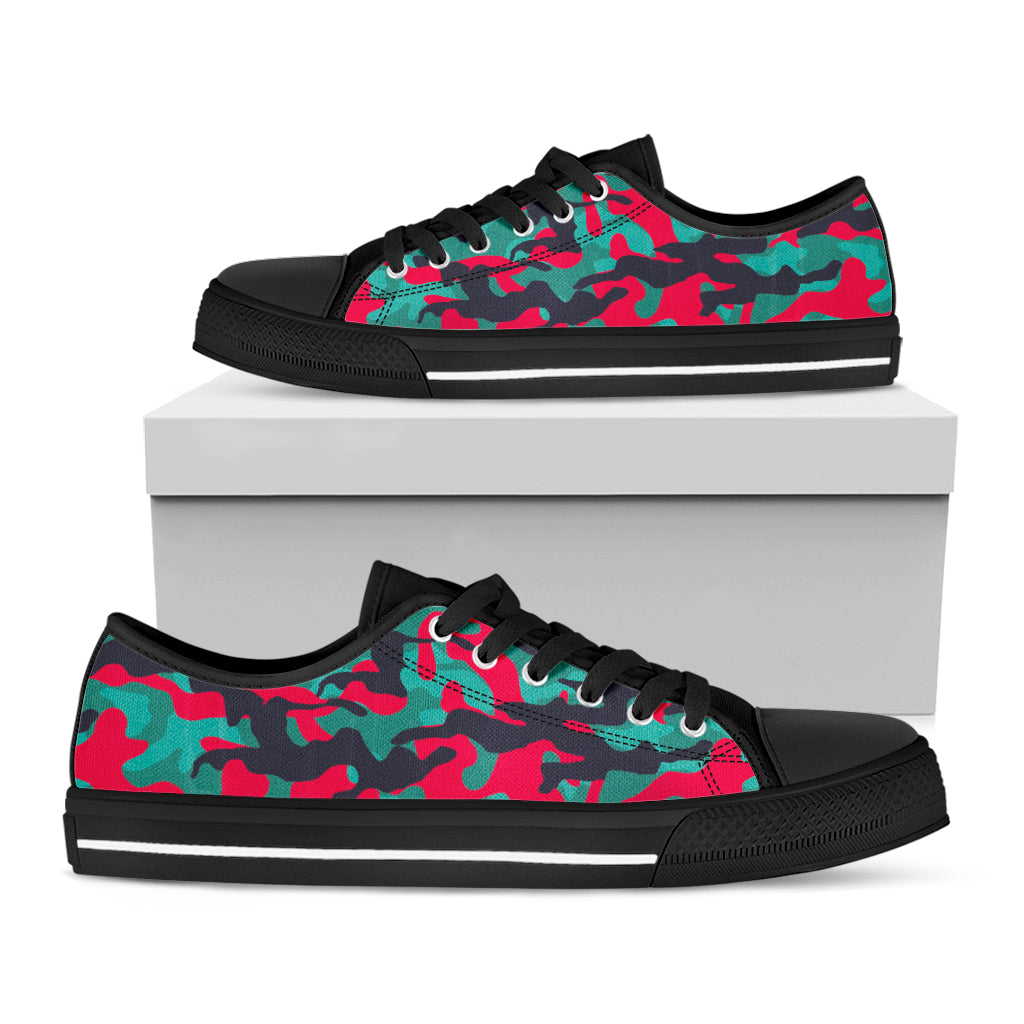 Pink Teal And Black Camouflage Print Black Low Top Sneakers