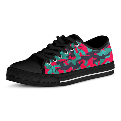 Pink Teal And Black Camouflage Print Black Low Top Sneakers