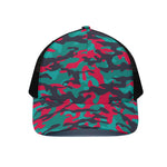 Pink Teal And Black Camouflage Print Black Mesh Trucker Cap