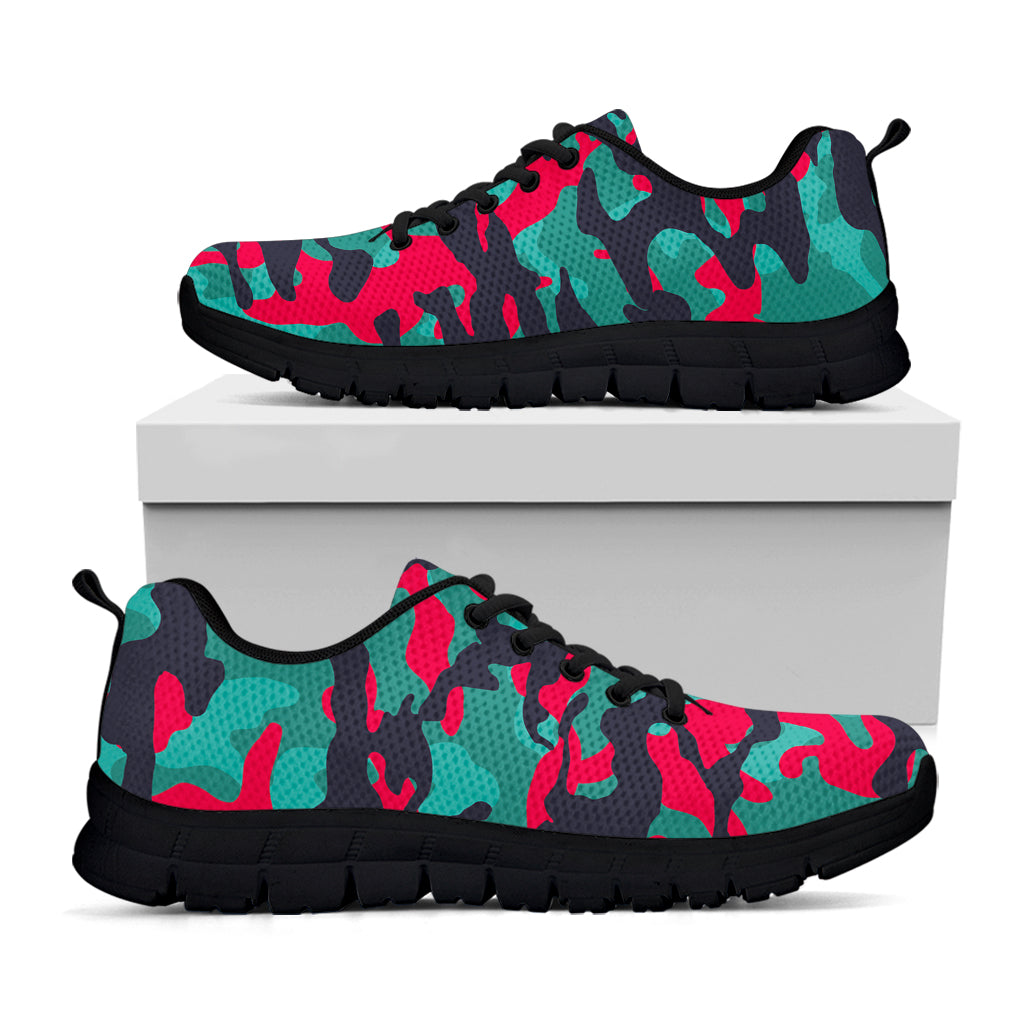 Pink Teal And Black Camouflage Print Black Running Shoes