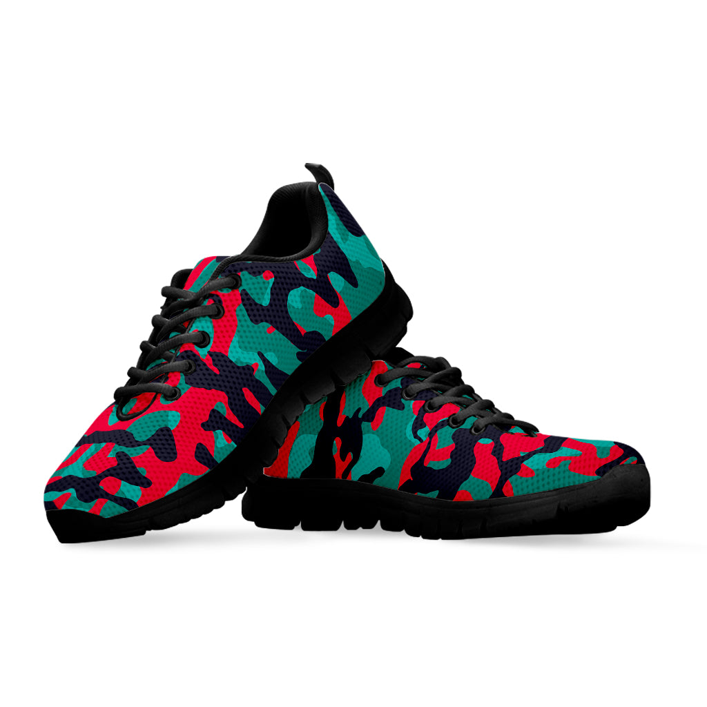 Pink Teal And Black Camouflage Print Black Running Shoes