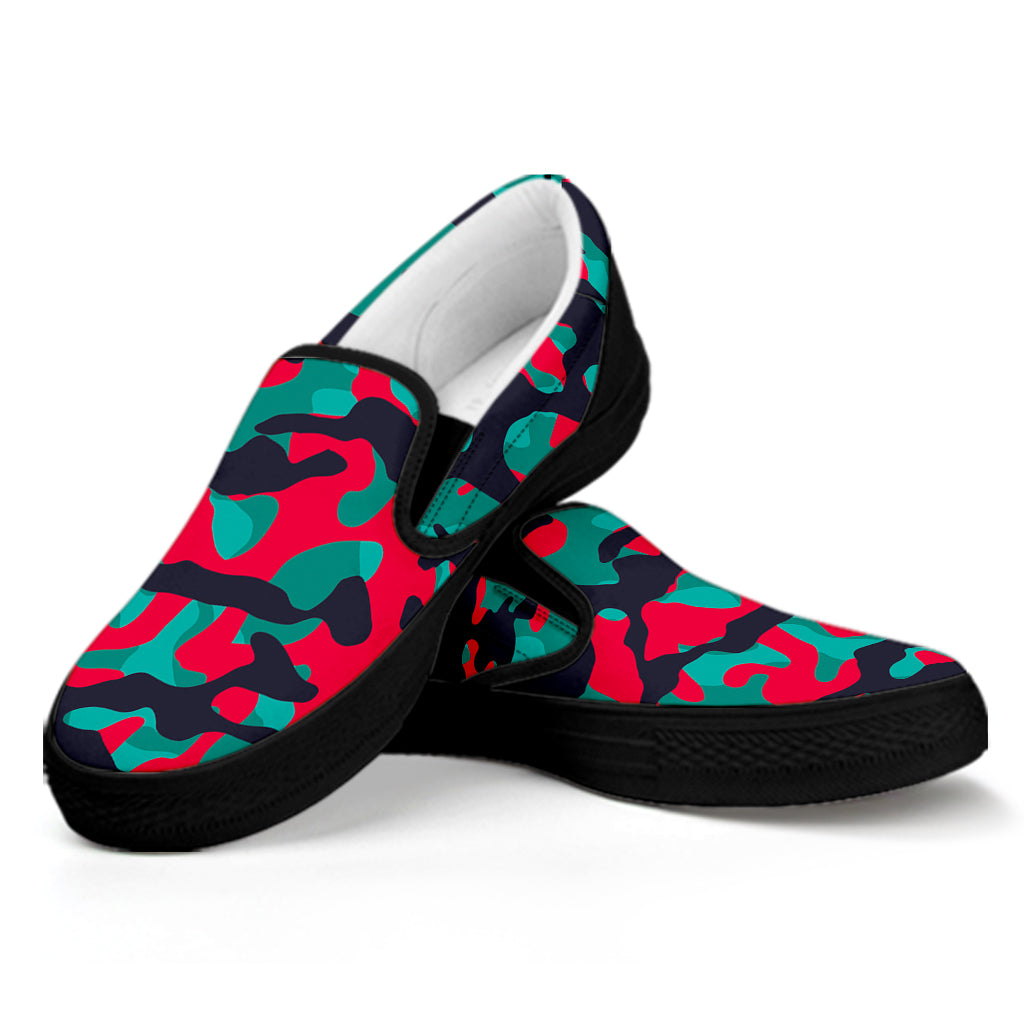 Pink Teal And Black Camouflage Print Black Slip On Sneakers