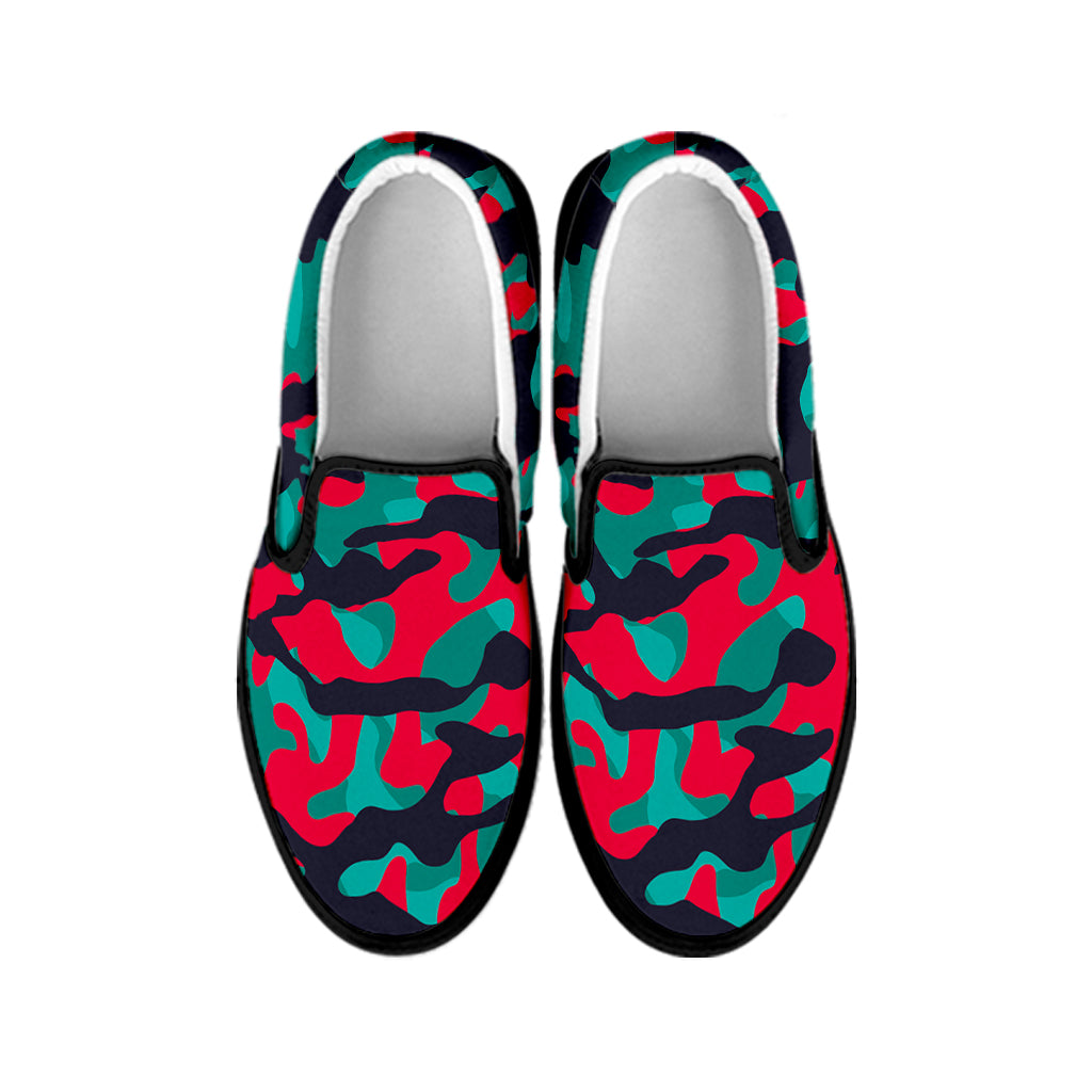 Pink Teal And Black Camouflage Print Black Slip On Sneakers