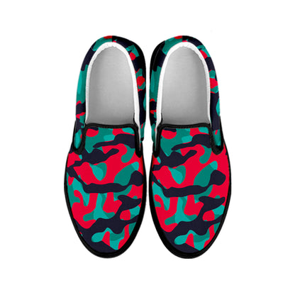 Pink Teal And Black Camouflage Print Black Slip On Sneakers