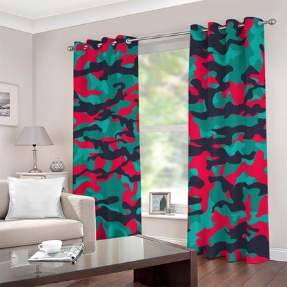 Pink Teal And Black Camouflage Print Blackout Grommet Curtains