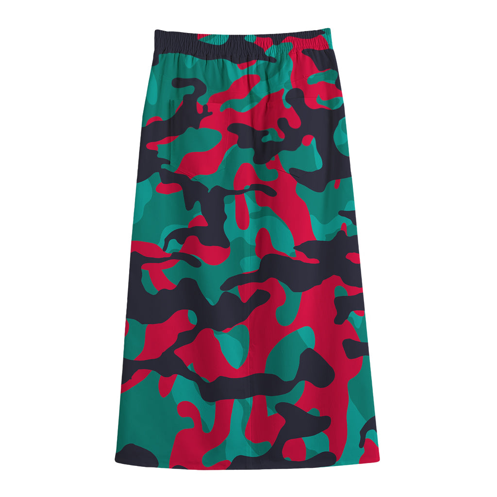 Pink Teal And Black Camouflage Print Cotton Front Slit Maxi Skirt