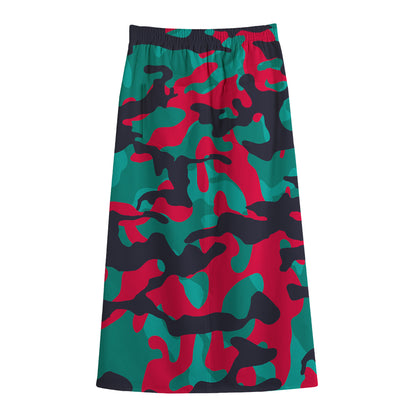 Pink Teal And Black Camouflage Print Cotton Front Slit Maxi Skirt