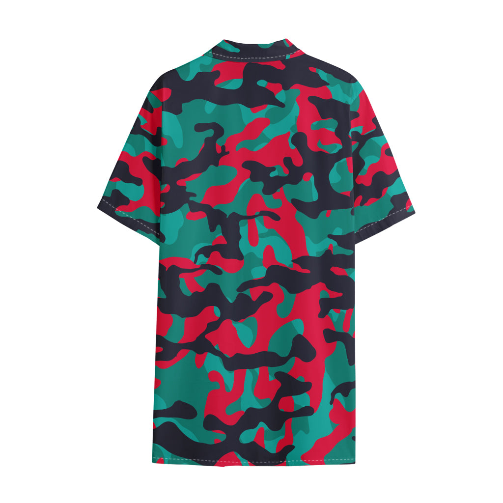 Pink Teal And Black Camouflage Print Cotton Hawaiian Shirt
