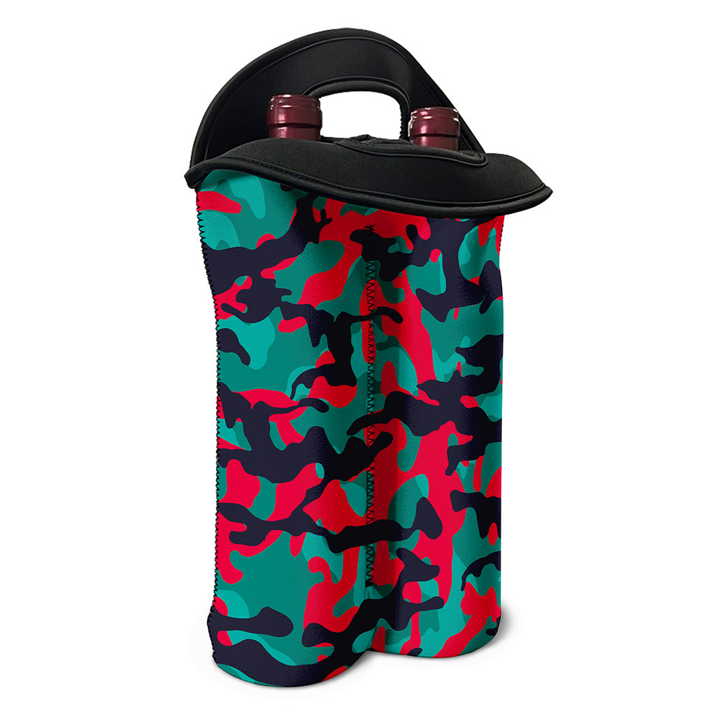 Pink Teal And Black Camouflage Print Double Neoprene Wine Tote