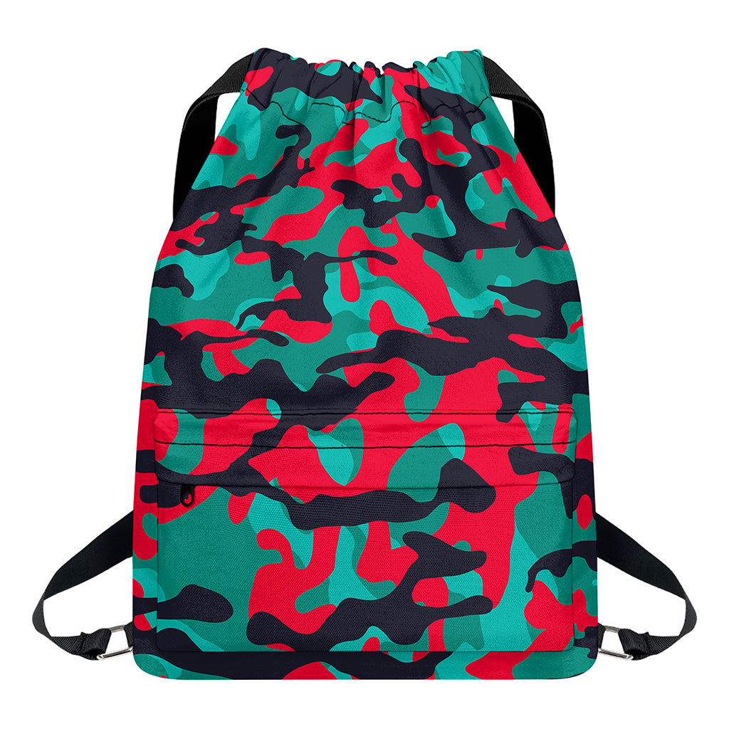 Pink Teal And Black Camouflage Print Drawstring Backpack