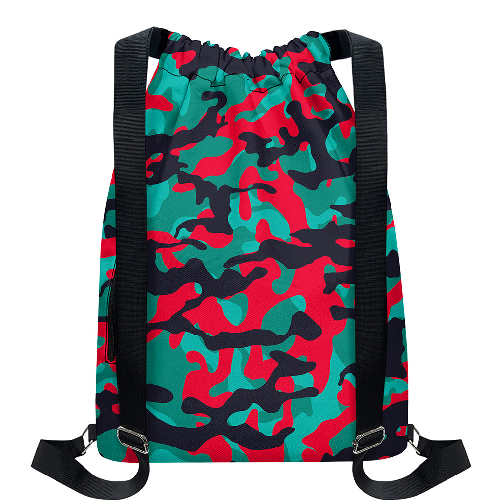 Pink Teal And Black Camouflage Print Drawstring Backpack