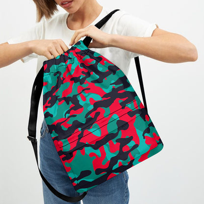 Pink Teal And Black Camouflage Print Drawstring Backpack