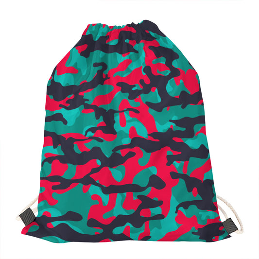 Pink Teal And Black Camouflage Print Drawstring Bag