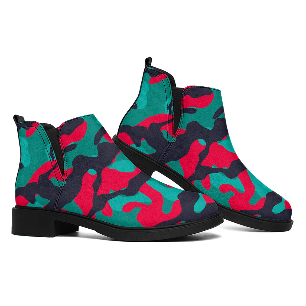 Pink Teal And Black Camouflage Print Flat Ankle Boots