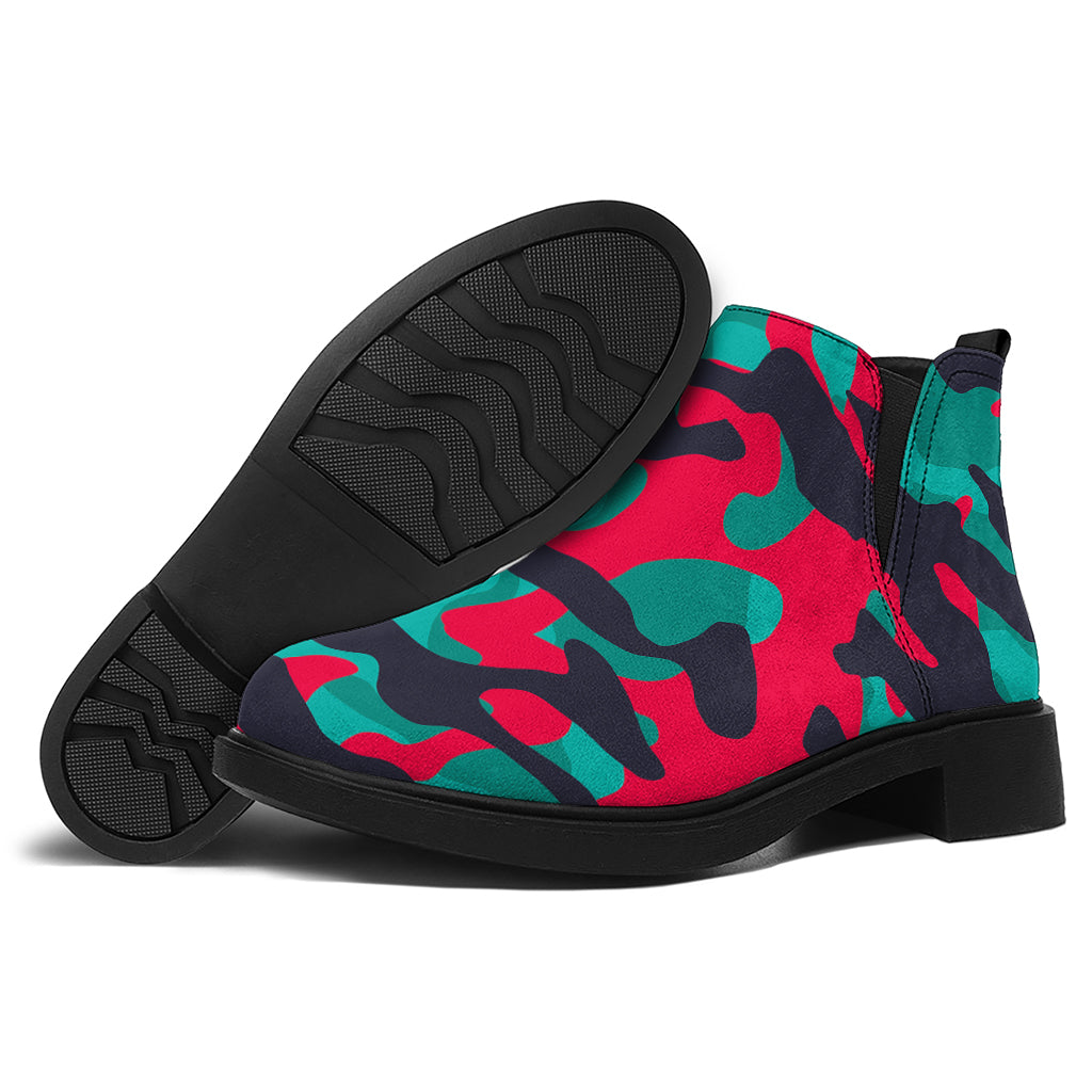 Pink Teal And Black Camouflage Print Flat Ankle Boots