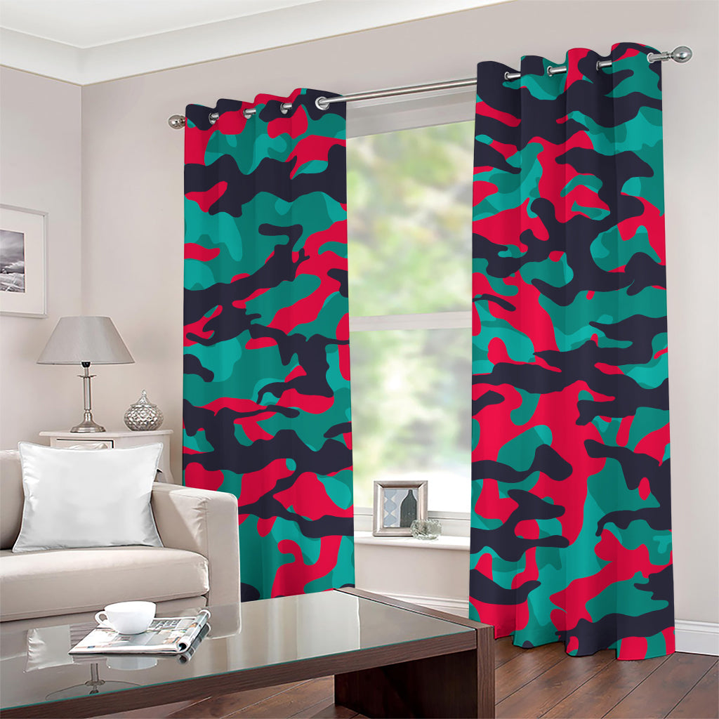 Pink Teal And Black Camouflage Print Grommet Curtains