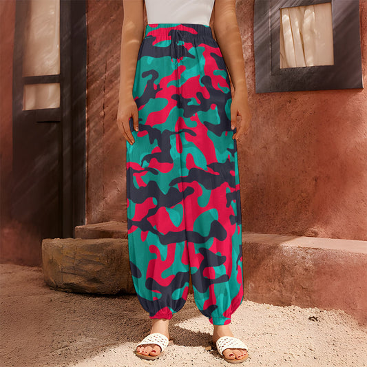 Pink Teal And Black Camouflage Print Harem Pants