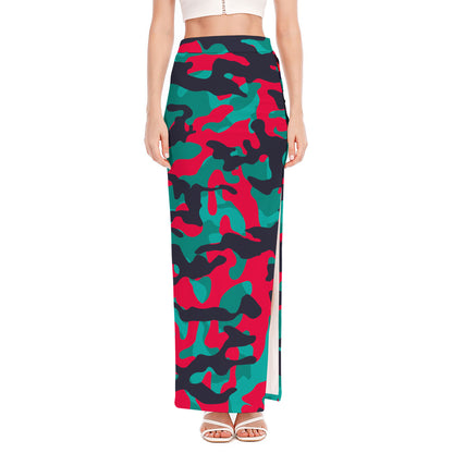 Pink Teal And Black Camouflage Print High Slit Maxi Skirt