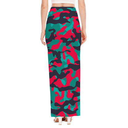 Pink Teal And Black Camouflage Print High Slit Maxi Skirt