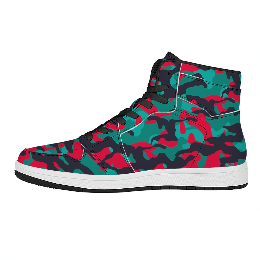 Pink Teal And Black Camouflage Print High Top Leather Sneakers