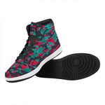 Pink Teal And Black Camouflage Print High Top Leather Sneakers