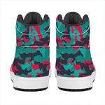Pink Teal And Black Camouflage Print High Top Leather Sneakers