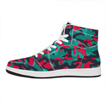 Pink Teal And Black Camouflage Print High Top Leather Sneakers