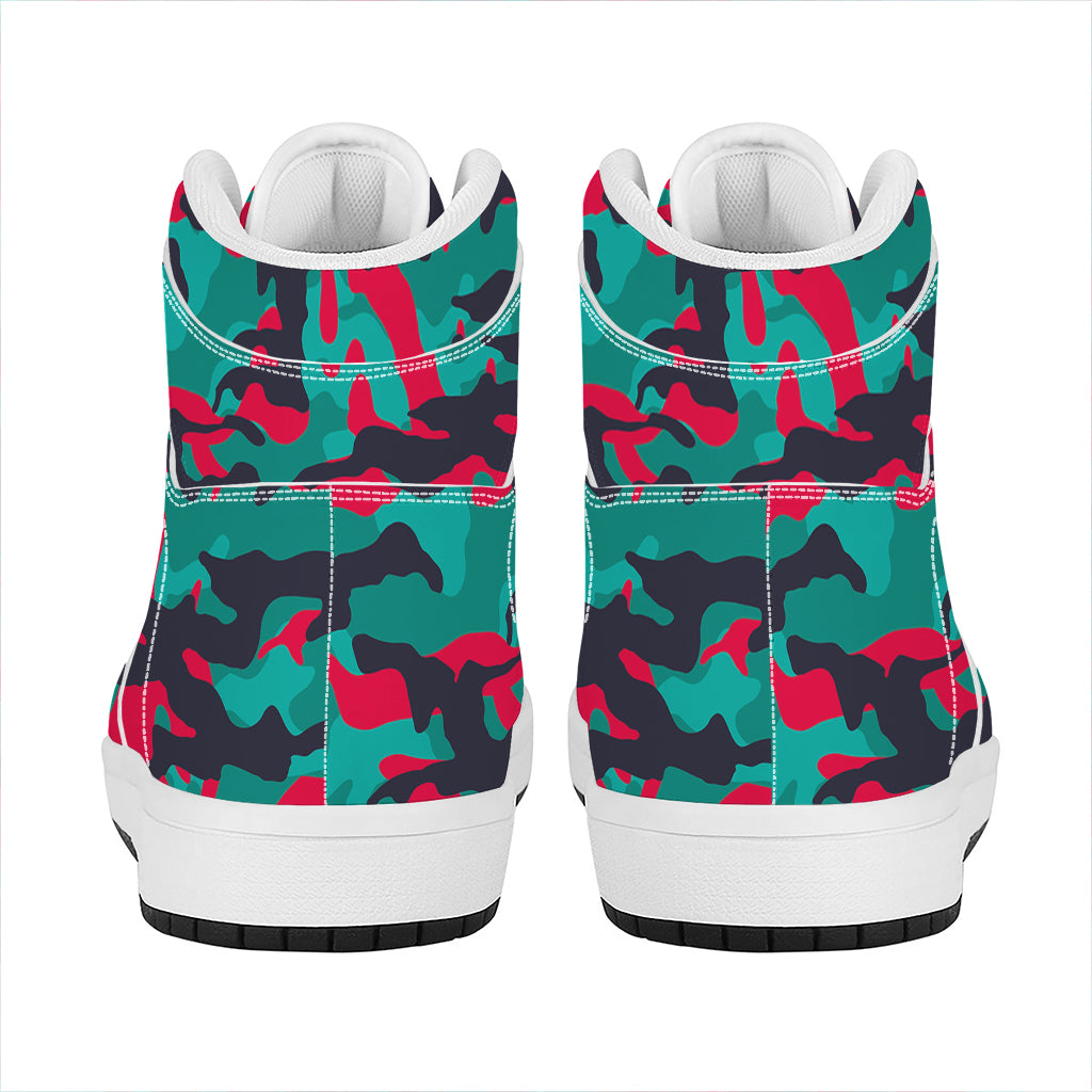 Pink Teal And Black Camouflage Print High Top Leather Sneakers