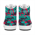 Pink Teal And Black Camouflage Print High Top Leather Sneakers