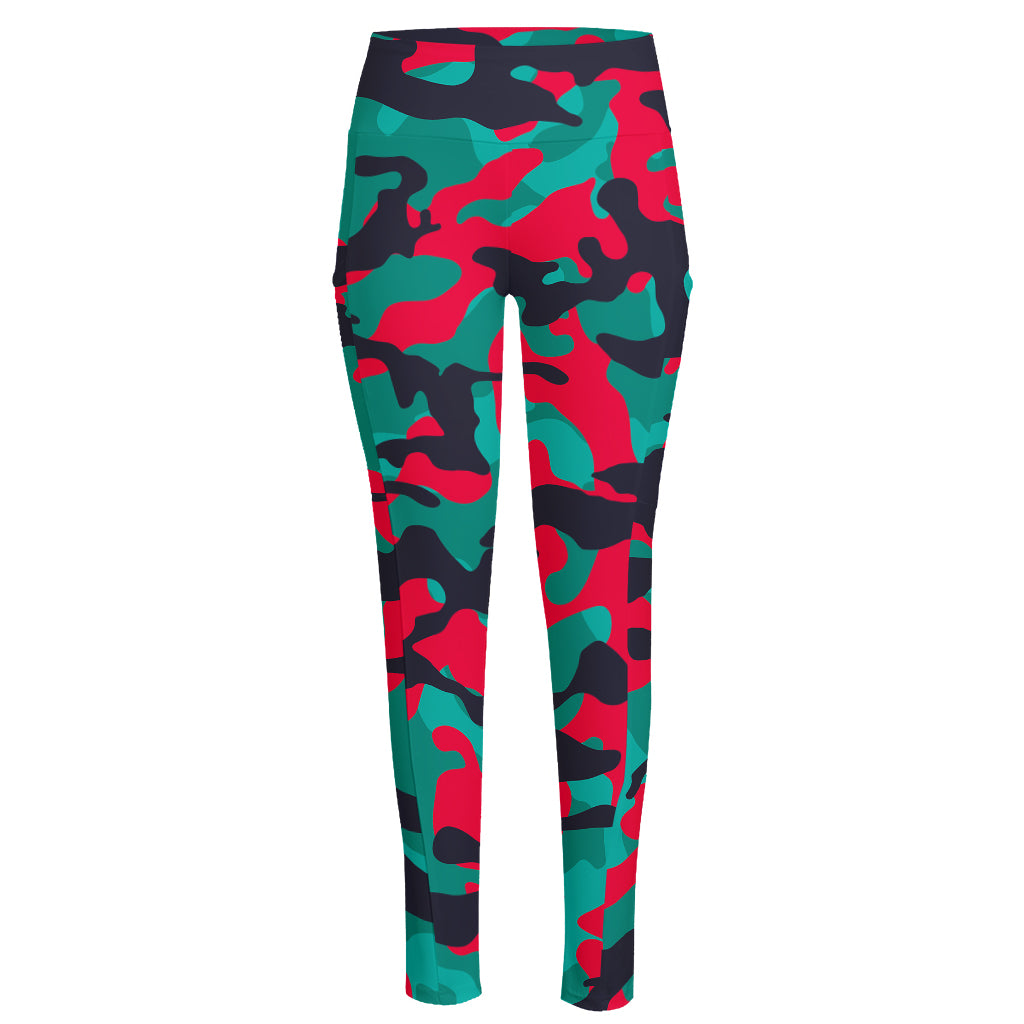 Pink Teal And Black Camouflage Print High-Waisted Pocket Leggings
