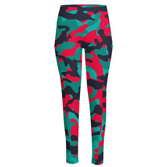 Pink Teal And Black Camouflage Print High-Waisted Pocket Leggings