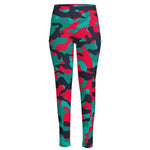 Pink Teal And Black Camouflage Print High-Waisted Pocket Leggings