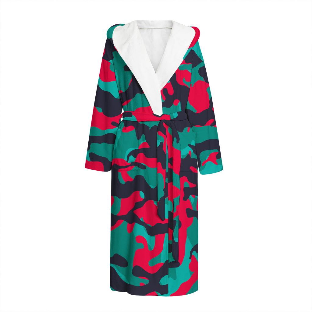 Pink Teal And Black Camouflage Print Hooded Bathrobe