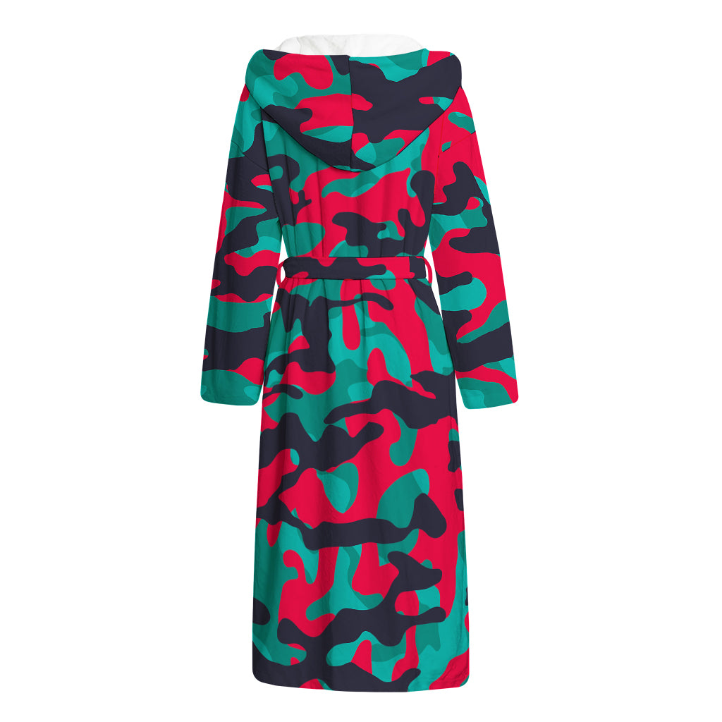 Pink Teal And Black Camouflage Print Hooded Bathrobe