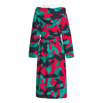 Pink Teal And Black Camouflage Print Hooded Bathrobe