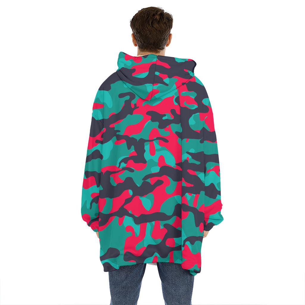 Pink Teal And Black Camouflage Print Hoodie Blanket