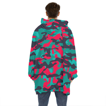 Pink Teal And Black Camouflage Print Hoodie Blanket