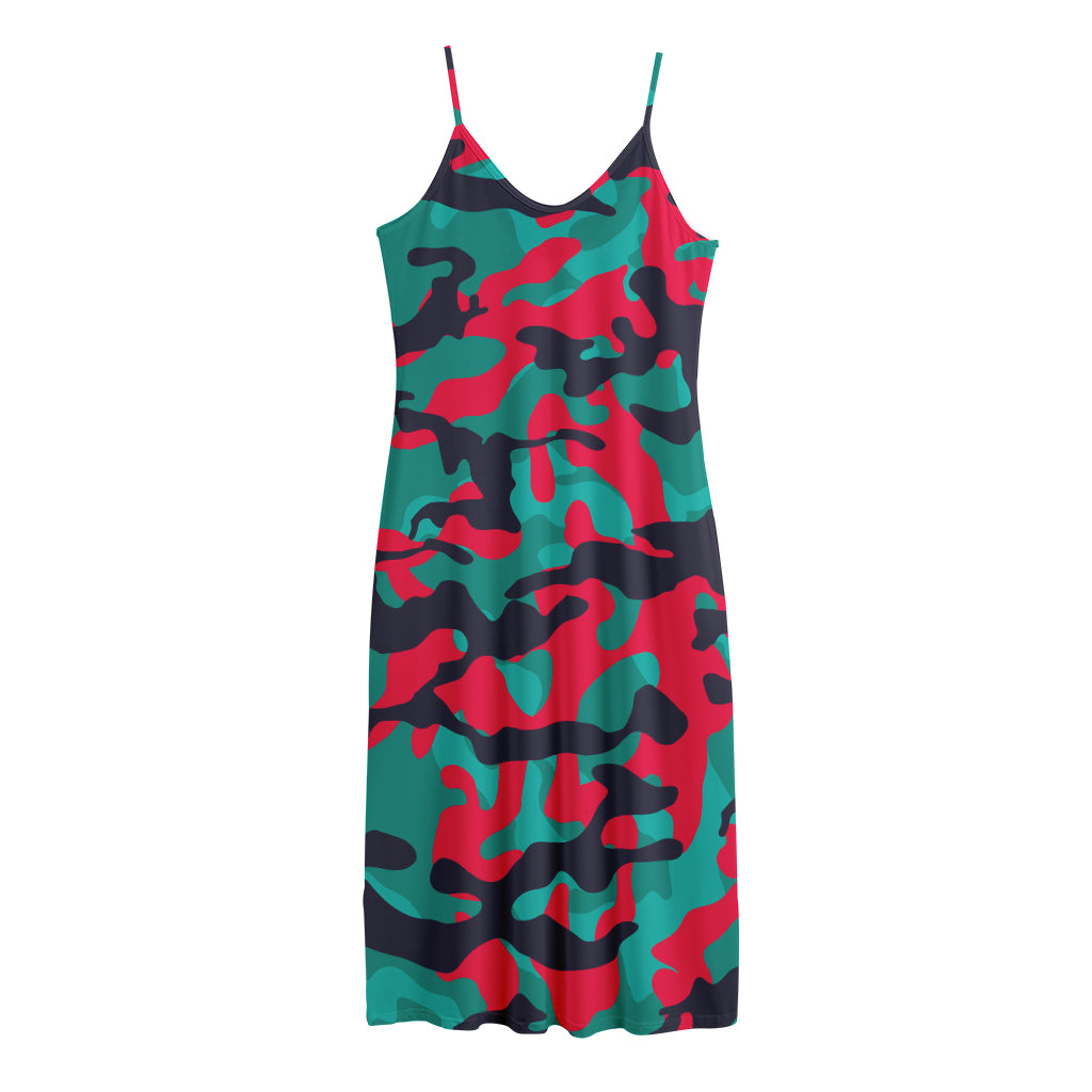Pink Teal And Black Camouflage Print Jersey Midi Cami Dress