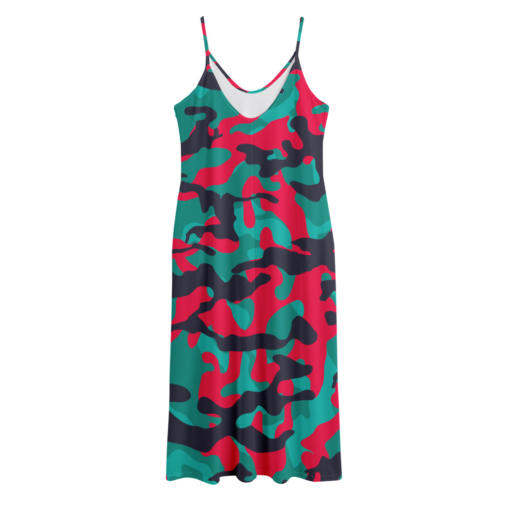 Pink Teal And Black Camouflage Print Jersey Midi Cami Dress
