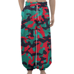 Pink Teal And Black Camouflage Print Lantern Pants