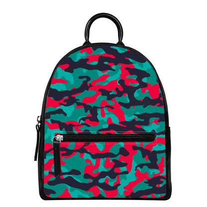 Pink Teal And Black Camouflage Print Leather Backpack