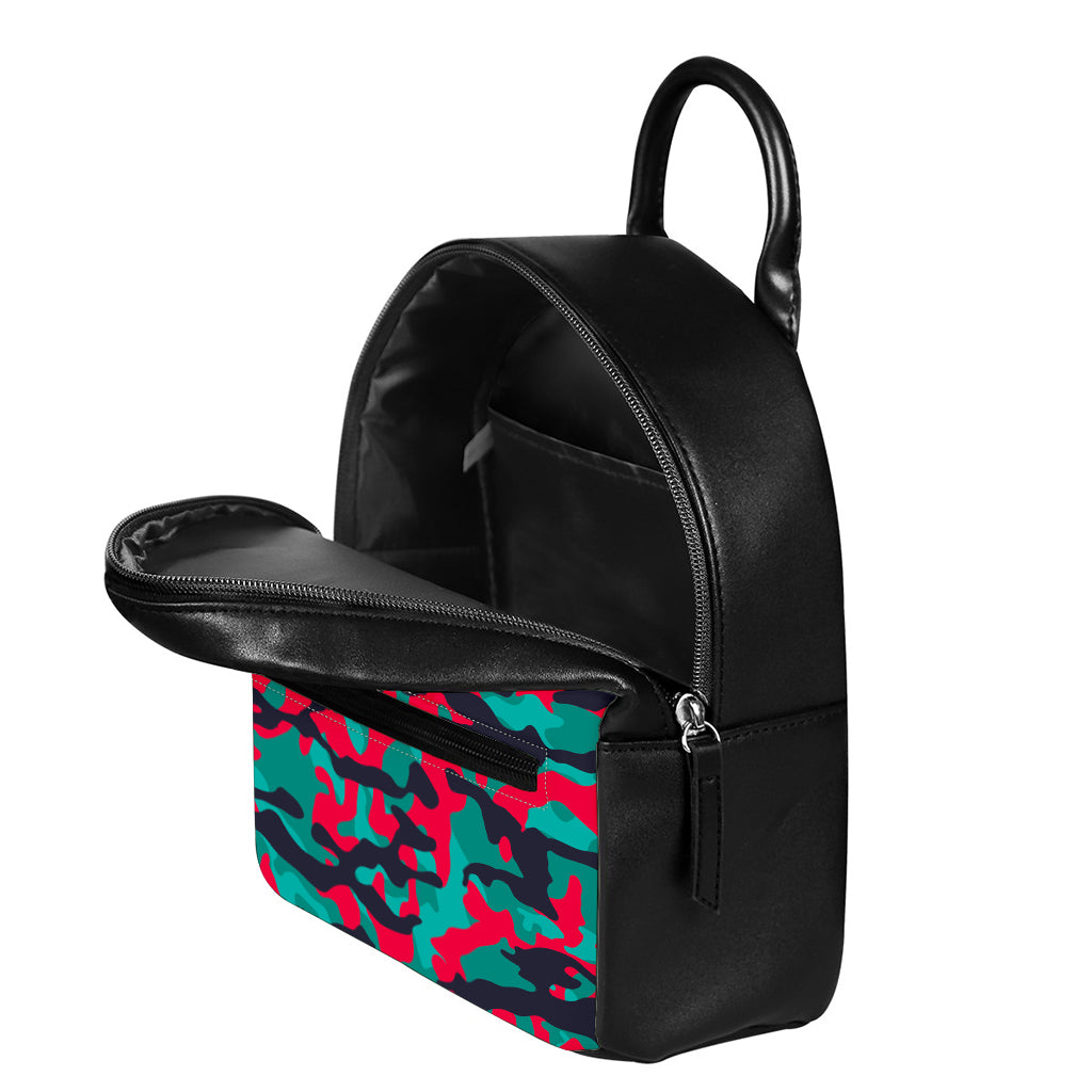Pink Teal And Black Camouflage Print Leather Backpack