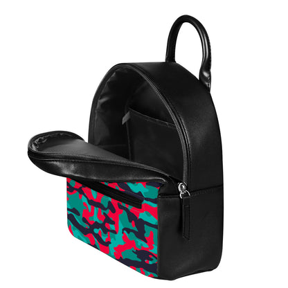 Pink Teal And Black Camouflage Print Leather Backpack