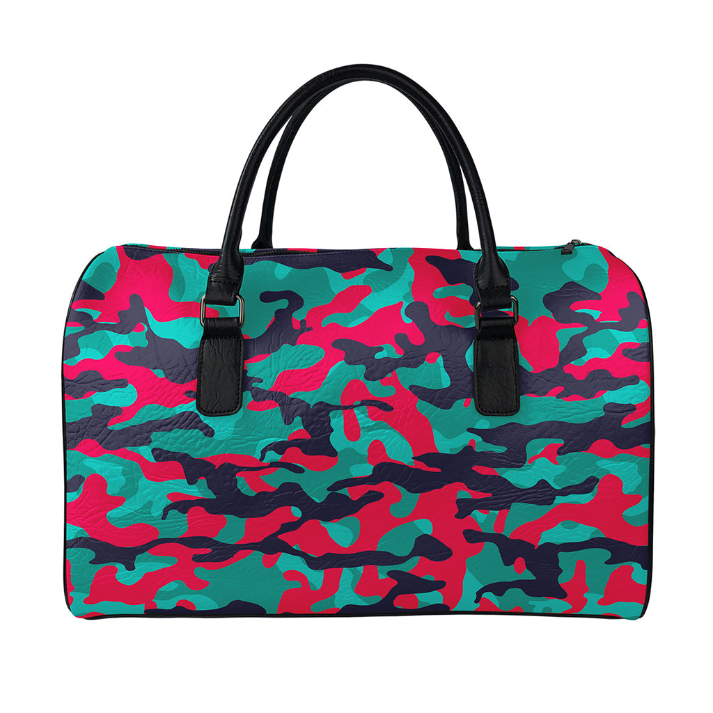 Pink Teal And Black Camouflage Print Leather Duffle Bag