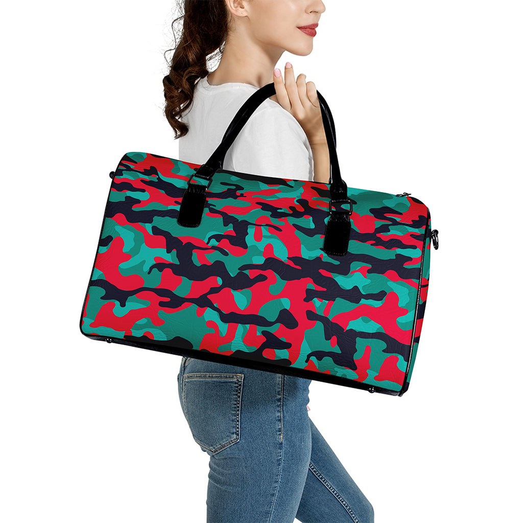 Pink Teal And Black Camouflage Print Leather Duffle Bag