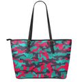 Pink Teal And Black Camouflage Print Leather Tote Bag With Zipper