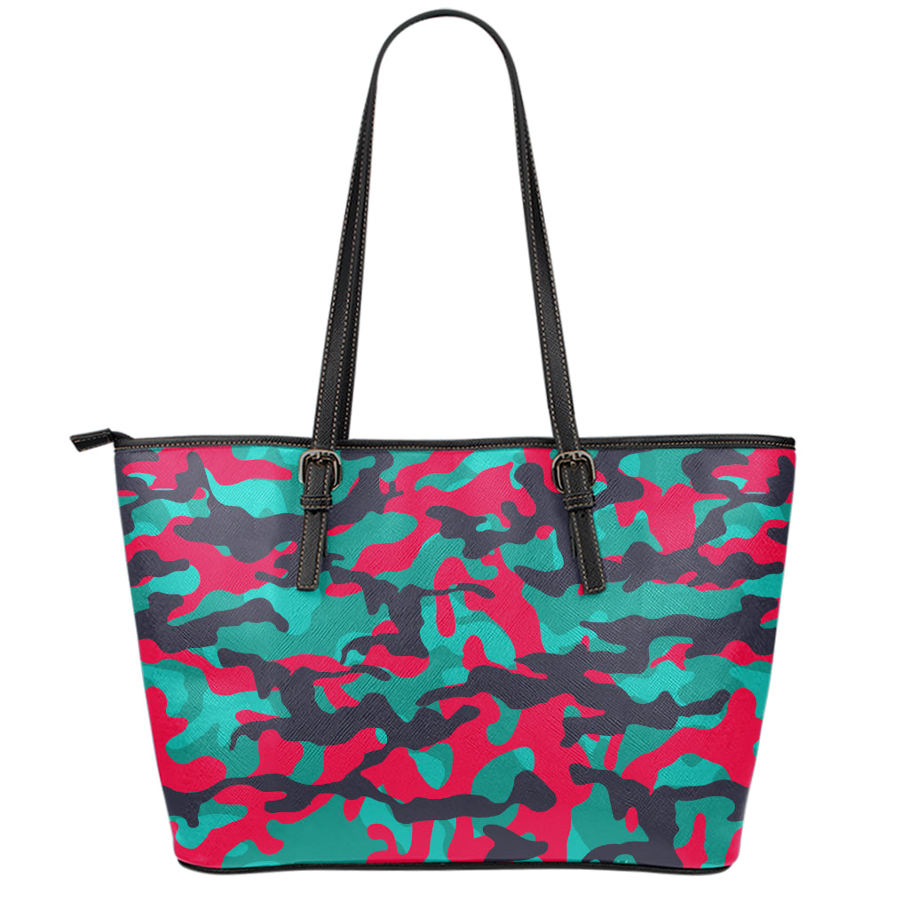 Pink Teal And Black Camouflage Print Leather Tote Bag