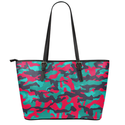 Pink Teal And Black Camouflage Print Leather Tote Bag